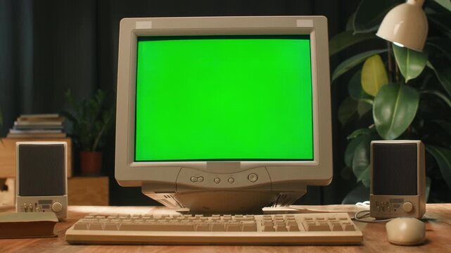Retro PC Computer on Desk with Chroma Key Green Screen Background Vintage Technology Studio Setup Concept