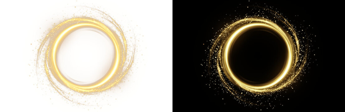 Golden glowing ring with sparkling dust particles, luxury magic circle frame for logo or text, elegant gold swirl light effect for premium branding isolated PNG with Transparent Background