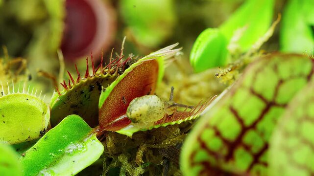 Close-up of Venus flytrap with snail and insect prey