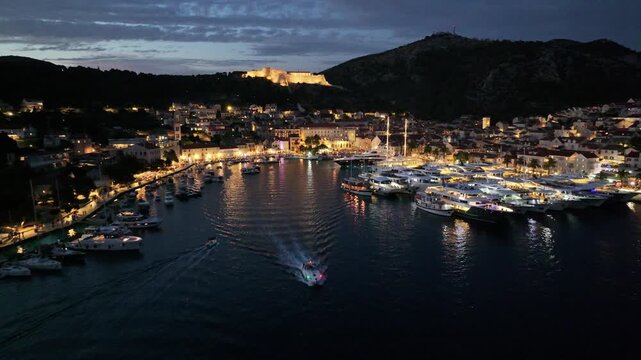 Hvar Harbor And Fortica Fortress At Night, Croatia