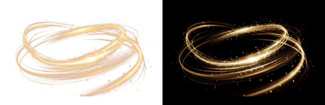 Golden light trails with sparkling glitter particles. Glowing magic swirl effect for luxury branding. Shimmering gold spiral motion for holiday. isolated PNG with Transparent Background