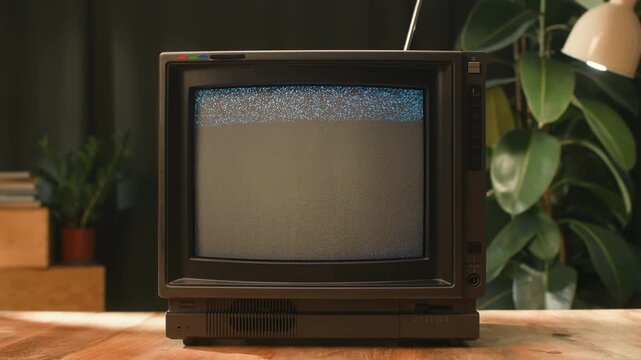 Retro TV, vintage television In a nostalgic setup, a retro TV displays grain on screen, scary halloween night device good for chroma key and green screen.