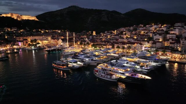 Hvar Harbor Filled With Boats At Night, Croatia