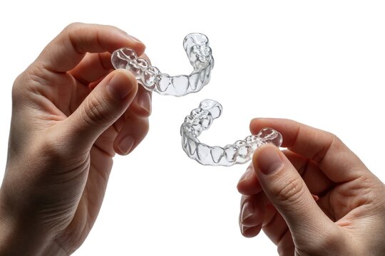 Hands hold clear dental aligners. Invisible trays correct teeth alignment for smile makeover. Modern orthodontic treatment for straight teeth.