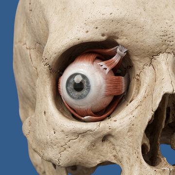 Eyeball anatomical model within a human skull bone socket featuring detailed extraocular muscle fibers on a solid blue studio background.