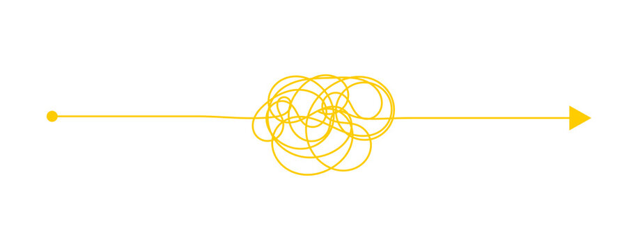 Yellow tangled arrow line. Abstract scribble navigation path. Creative movement design for presentations, web graphics and infographics