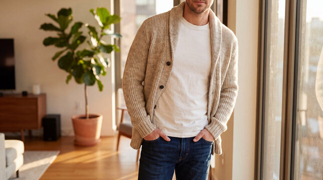 Man in oatmeal cardigan in sunlit modern apartment living room