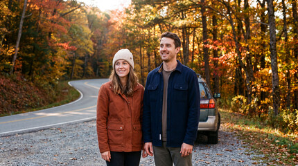 Obraz premium Smiling couple on autumn foliage road trip by mountain road