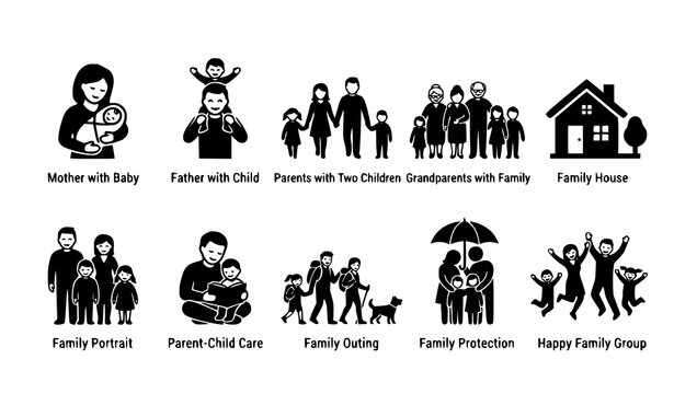 Flat Family Icon Set, Parents Children Home and Family Relationship Vector Symbols