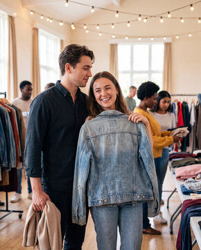 Smiling couple with a denim jacket at a clothing swap