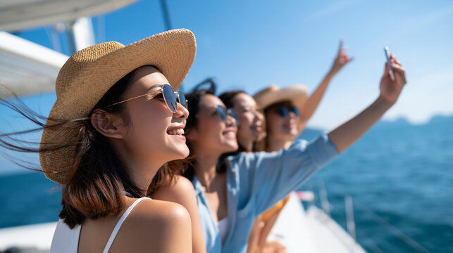 rear view of a group of asian women friends using a digital camera together on a bright catamaran boat sailing in the ocean, backs to camera, luxury travel concept, summer