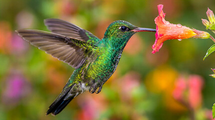 Naklejka premium Hummingbird hovering to sip nectar from orange flower. Wildlife photography, nature, birdwatching, garden, conservation.