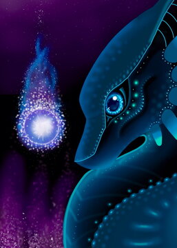 the mighty blue serpent guarding a glowing sphere of ancient mystical power