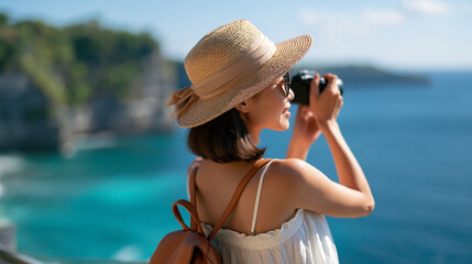 Fototapeta premium rear view of a woman taking a photo of a turquoise ocean viewpoint on a bright coastal cliff, back to camera, travel photography concept, tropical landscape, adventure, outdoor,