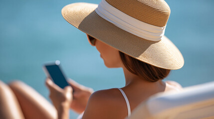 Fototapeta premium rear view of a relaxed woman tourist in swimwear sunbathing near the water on a bright sea beach, back to camera, checking her mobile phone, leisure and travel concept, tropical