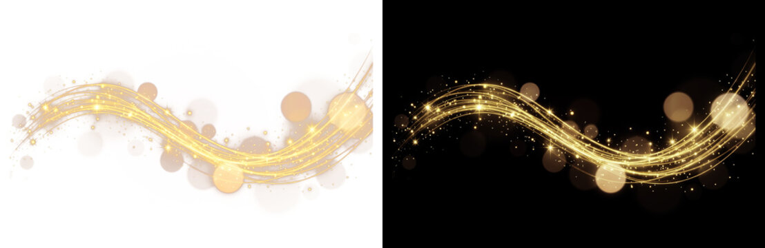 Golden glitter wave with shimmering particles and bokeh light. Sparkling gold dust trail for luxury celebration. Elegant glowing swirl effect. isolated PNG with Transparent Background