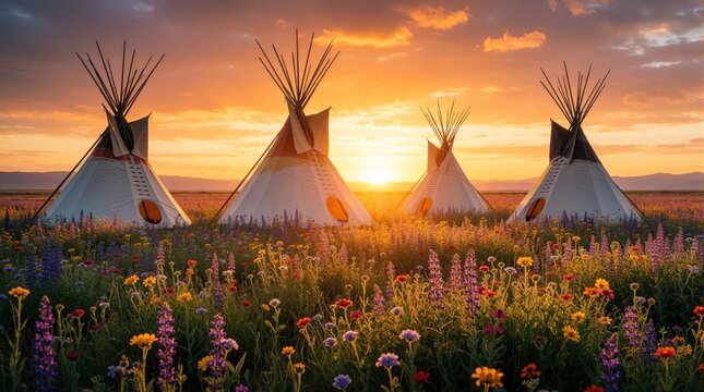 Three traditional teepees stand in colorful wildflower field at sunset. Beautiful golden sky with orange clouds over mountain landscape. Native american style tents located in summer meadow during