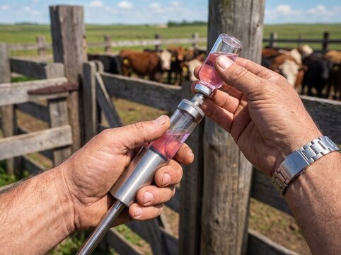 Rancher loading an automatic livestock vaccination syringe with a vaccine vial in a wooden corral with cattle in the background, animal health management on a farm.
