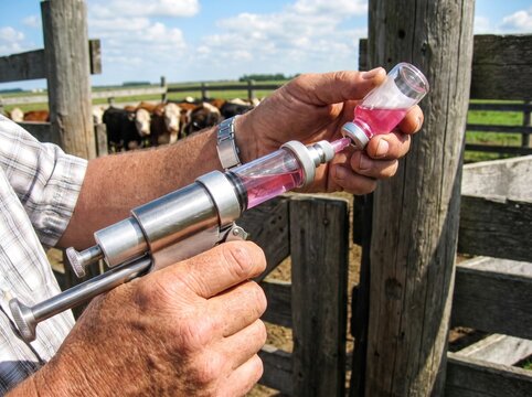 Rancher loading an automatic livestock vaccination syringe with a vaccine vial in a wooden corral with cattle in the background, animal health management on a farm.