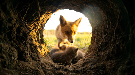 Naklejka premium Fox mother and cub inside den entrance with sunlight streaming in. Wildlife, nature, animal family, conservation, outdoor.