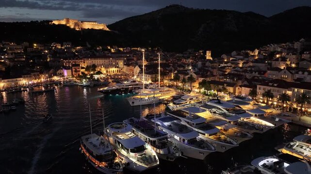 Hvar Harbor Full Of Boats And Night Lights, Croatia