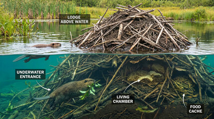 Naklejka premium Beaver swimming near its lodge with underwater entrance, living chamber and food cache visible. Wildlife education, animal habitat, environmental science.