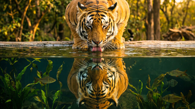 Tiger drinking water with reflection visible underwater. Wildlife, conservation, nature photography, animal behavior.