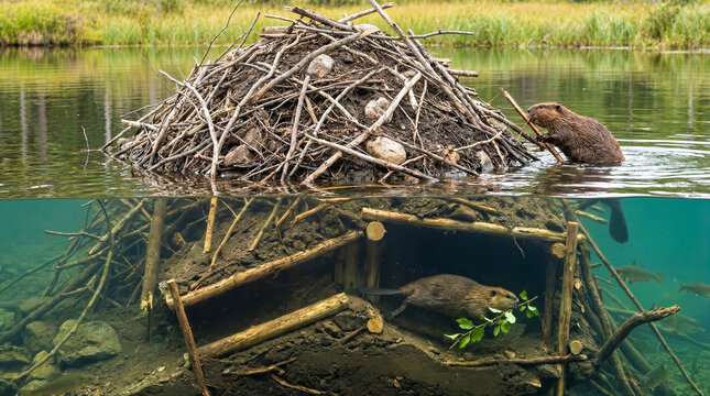 Beaver building dam in river with underwater view of lodge and fish. Wildlife, nature, conservation, ecosystem.