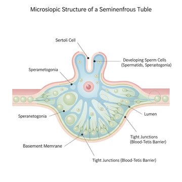 Microscopic view of seminiferous tubule structure with labeled biological components