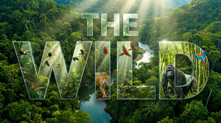 Obraz premium The Wild title letters filled with jungle animals and river scenery. Wildlife conservation, nature documentary, eco tourism.