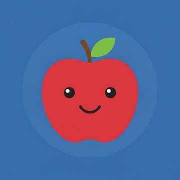 Cute red apple illustration with happy smiling face icon on blue background