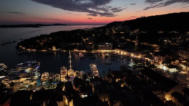 Pink Night Sky Over Hvar And Historic City, Croatia