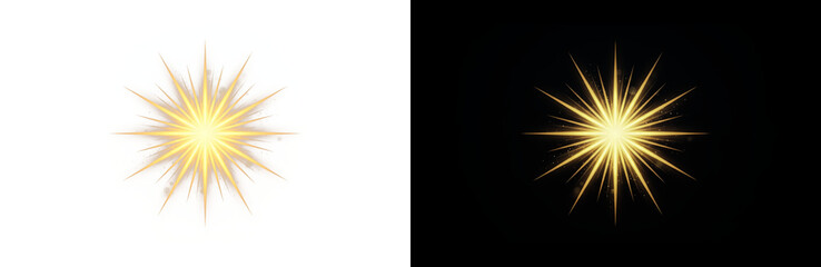 Fototapeta premium Golden starburst light effect, glowing yellow sun flare with sharp rays, radiant celestial star symbol for holiday celebration and magic design isolated PNG with Transparent Background