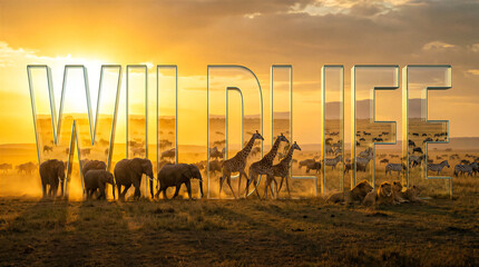 Naklejka premium Wildlife text formed by animals in golden sunset savanna. Safari, conservation, nature documentary, education.