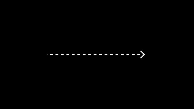 Right arrow direction icon with dotted line animation on Black background. dot arrows icon sign animated with alpha channel. Motion graphics of white straight line arrow 4k video