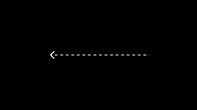 Left arrow direction icon with dotted line animation on Black background. Motion graphics of white straight line arrow dot arrows icon sign animated with alpha channel 4k video