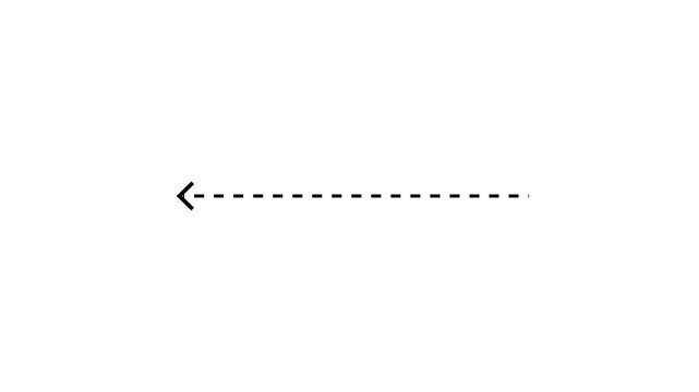Left arrow direction icon with dotted line animation on white background. dot arrows icon sign animated with alpha channel. white straight arrows animation. Reveal animation of solid, dashed.  