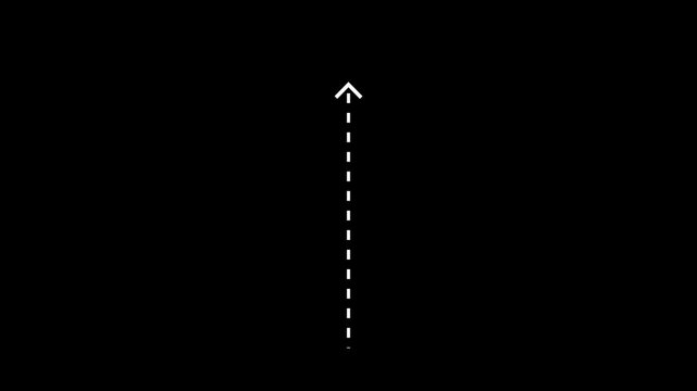 Up arrow direction icon with dotted line animation on Black background. dot arrows icon sign animated with alpha channel. Motion graphics of white straight line arrow 4k video