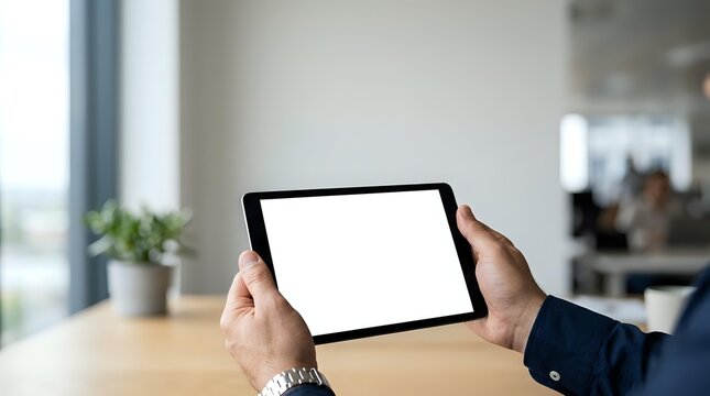 Man holding tablet with blank white screen in modern office