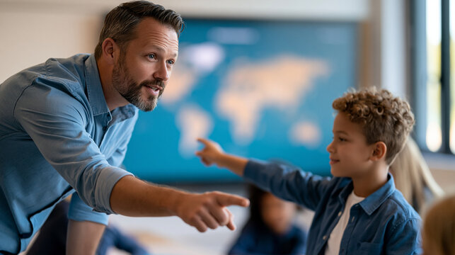 A teacher guiding a diverse student using a digital screen world map for an engaging geography lesson in a bright classroom, with copy space
