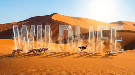 Naklejka premium Wildlife animals walking through desert dunes behind large transparent letters spelling wildlife. Conservation, safari tourism, nature documentary.