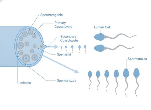 Educational diagram of spermatogenesis process showing stages from spermatogonia to spermatozoa with clear anatomical labeling for biology