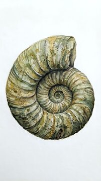 Fossilized ammonite shell with spiral chambers in tan, gold and gray