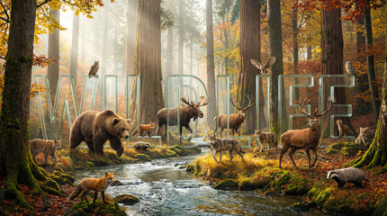 Naklejka premium Wildlife animals in autumn forest with stream. Nature conservation, wildlife photography, eco tourism.