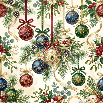 Hand-painted Christmas seamless pattern with richly decorated glass baubles, floral ornaments, golden accents, pine branches and delicate ribbons, watercolor and gouache texture, elegant artistic