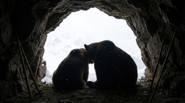 Two bears sitting together inside a rocky cave entrance facing snowy mountains. Wildlife photography, nature conservation, adventure tourism.