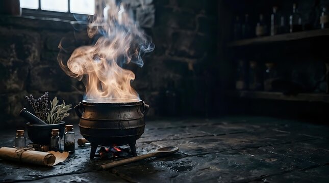 Bubbling cauldron with flames and smoke in dark moody interior space