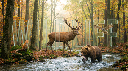 Naklejka premium Wildlife animals in autumn forest with stream. Deer, bear, fox and owl around large glass letters spelling wildlife. Nature conservation, education, tourism.