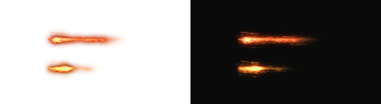Intense horizontal streams of bright orange fire muzzle flash glowing with motion blur and energetic sparks isolated perfectly on transparent PNG&nbsp;background