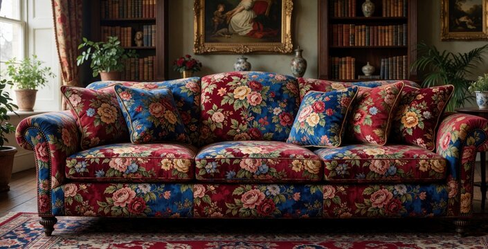 Elegant floral sofa with matching pillows in luxury living room. Ornate vintage couch with colorful flower pattern sits on rug in classic home. Antique furniture, bookshelves create posh interior